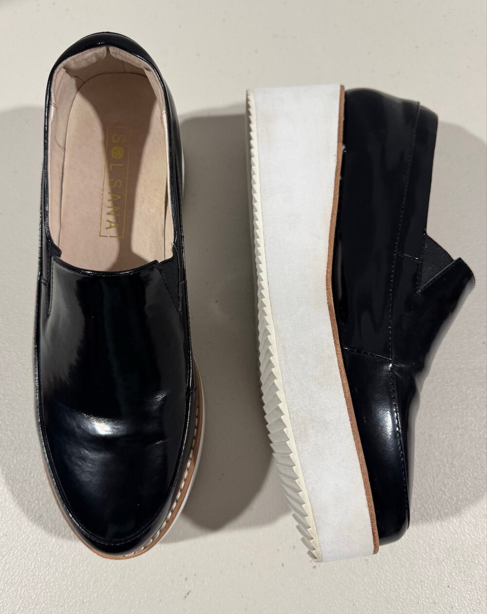 Sol Sana Black Preppy Patent Leather Tabbie Wedge Loafer Shoes EU 40 Chunky Goth